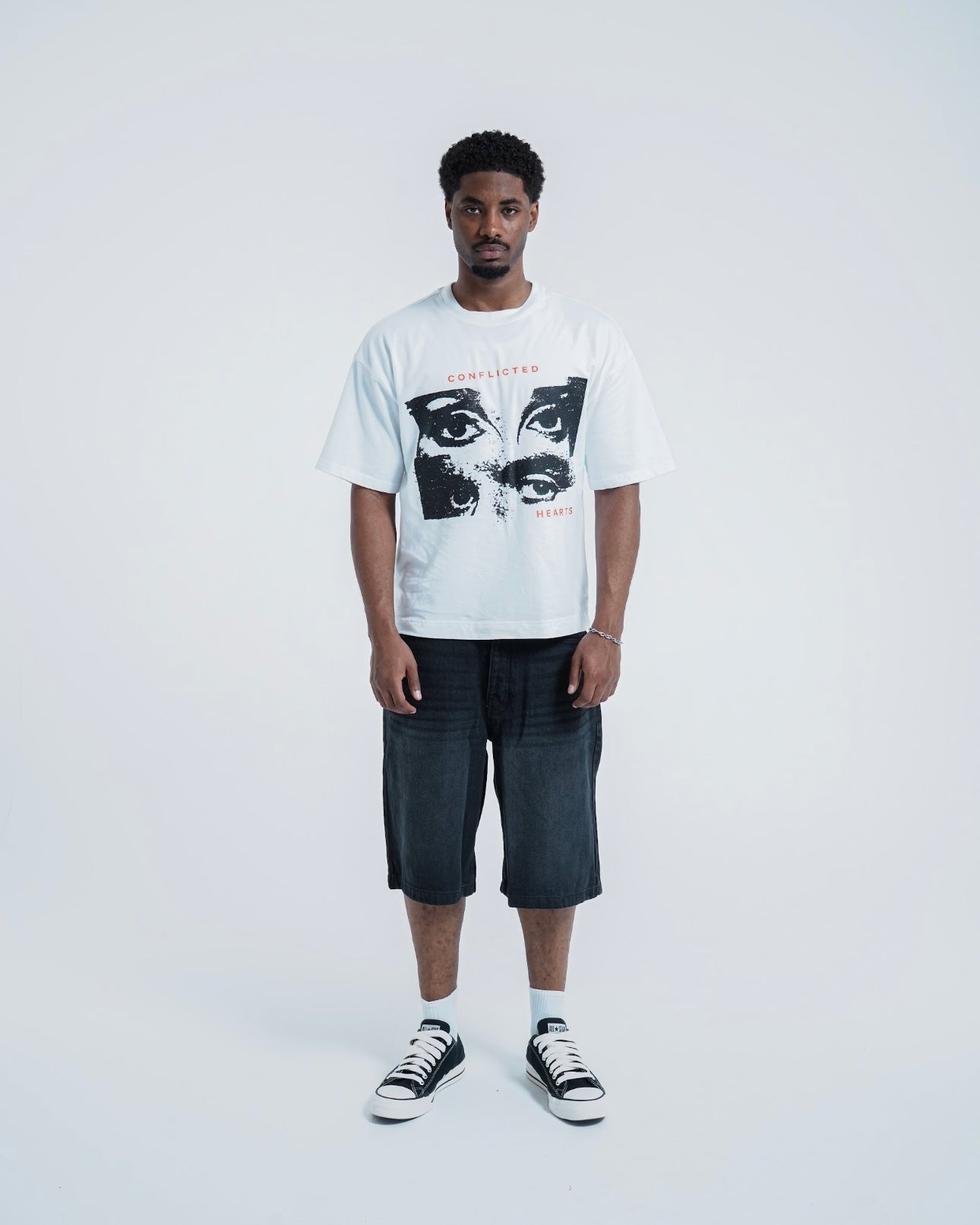 Model view of Conflicted Hearts Signature White T-Shirt